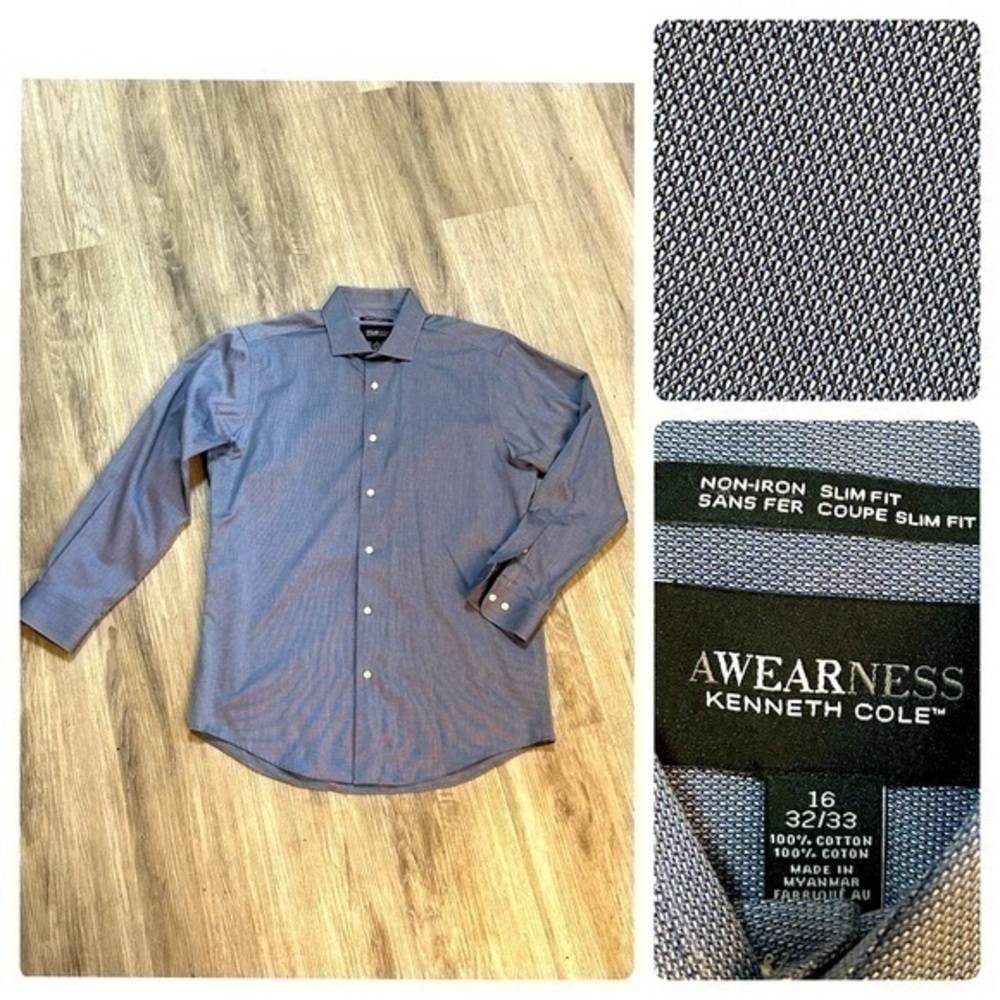 KENNETH COLE AWEARNESS non iron slim fit button down long sleeve dress shirt.